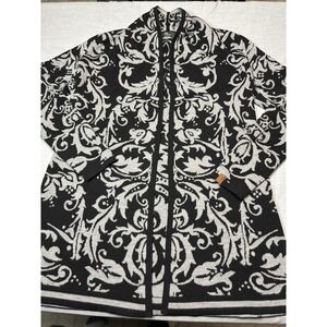 NEVE Black And Gray Damask Print 100% Merino Wool Cardigan Sweater Medium Soft